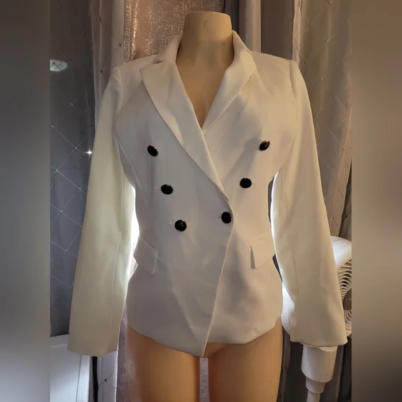 Elegant White Double-Breasted Women's Blazer White Black - Picture 2 of 14